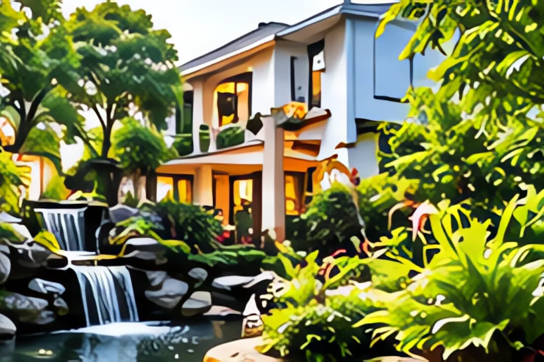 Hồ cá Koi ngoài trời có giàn che bóng và cây xanh quanh bờ
