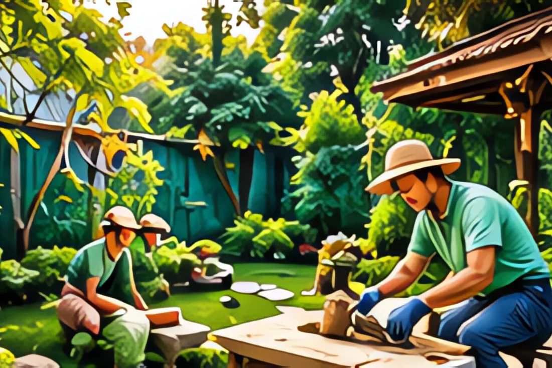 Nhân viên cắt tỉa tạo tán cho cây bụi trong khu vườn đã hoàn thiện